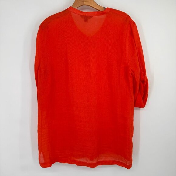 Tommy Bahama Womens orange Linen Button-Up Blouse size XL 3/4 roll tab sleeve - Picture 8 of 13